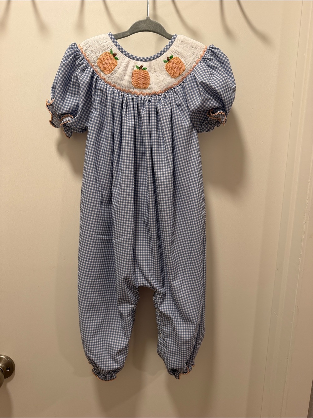 Blue Gingham Pumpkin Smocked Romper